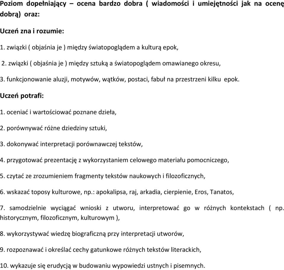 oceniać i wartościować poznane dzieła, 2. porównywać różne dziedziny sztuki, 3. dokonywać interpretacji porównawczej tekstów, 4.