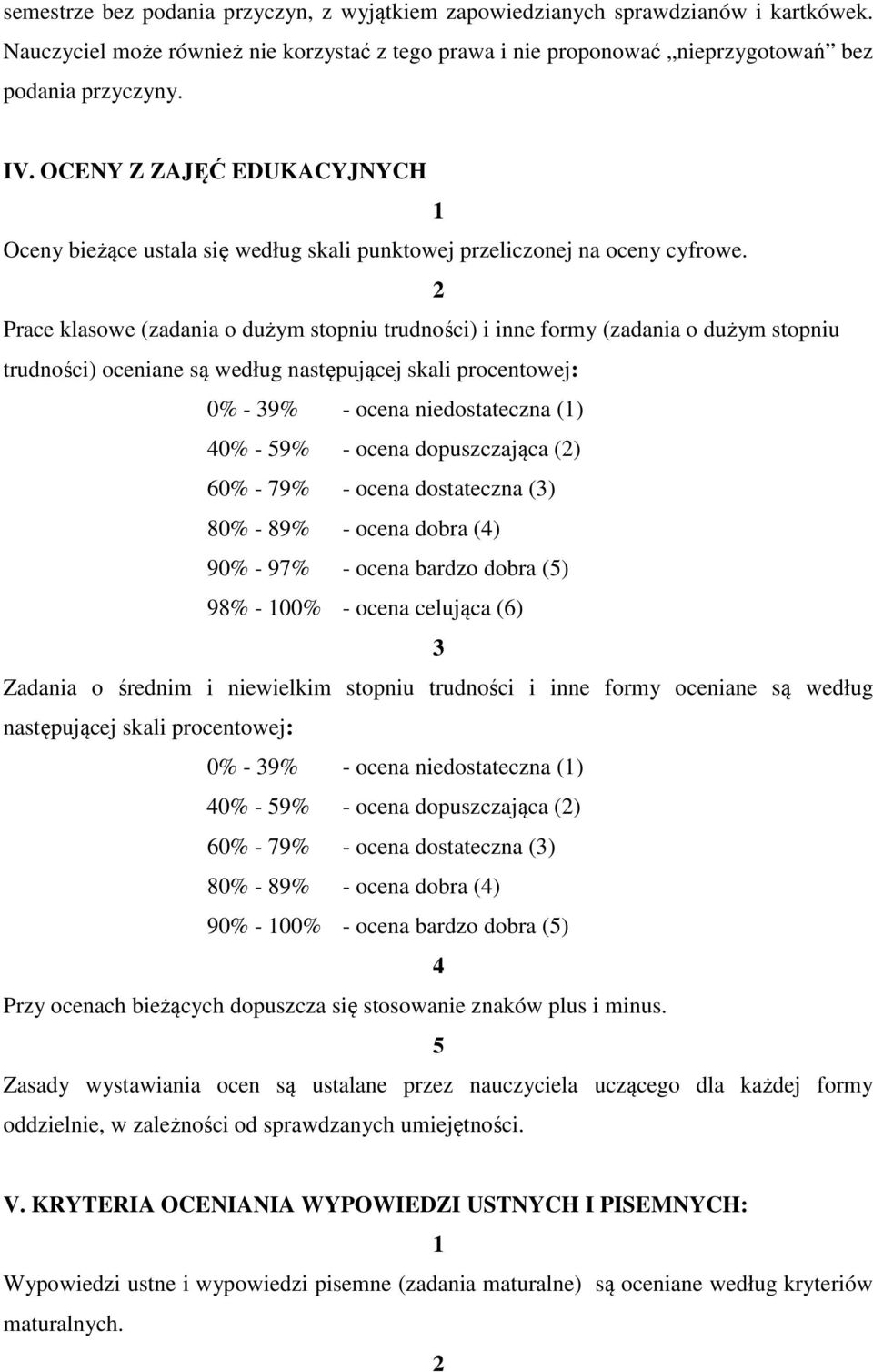 Prace klasowe (zadania o dużym stopniu trudności) i inne formy (zadania o dużym stopniu trudności) oceniane są według następującej skali procentowej: 0% - 39% - ocena niedostateczna () 40% - 59% -