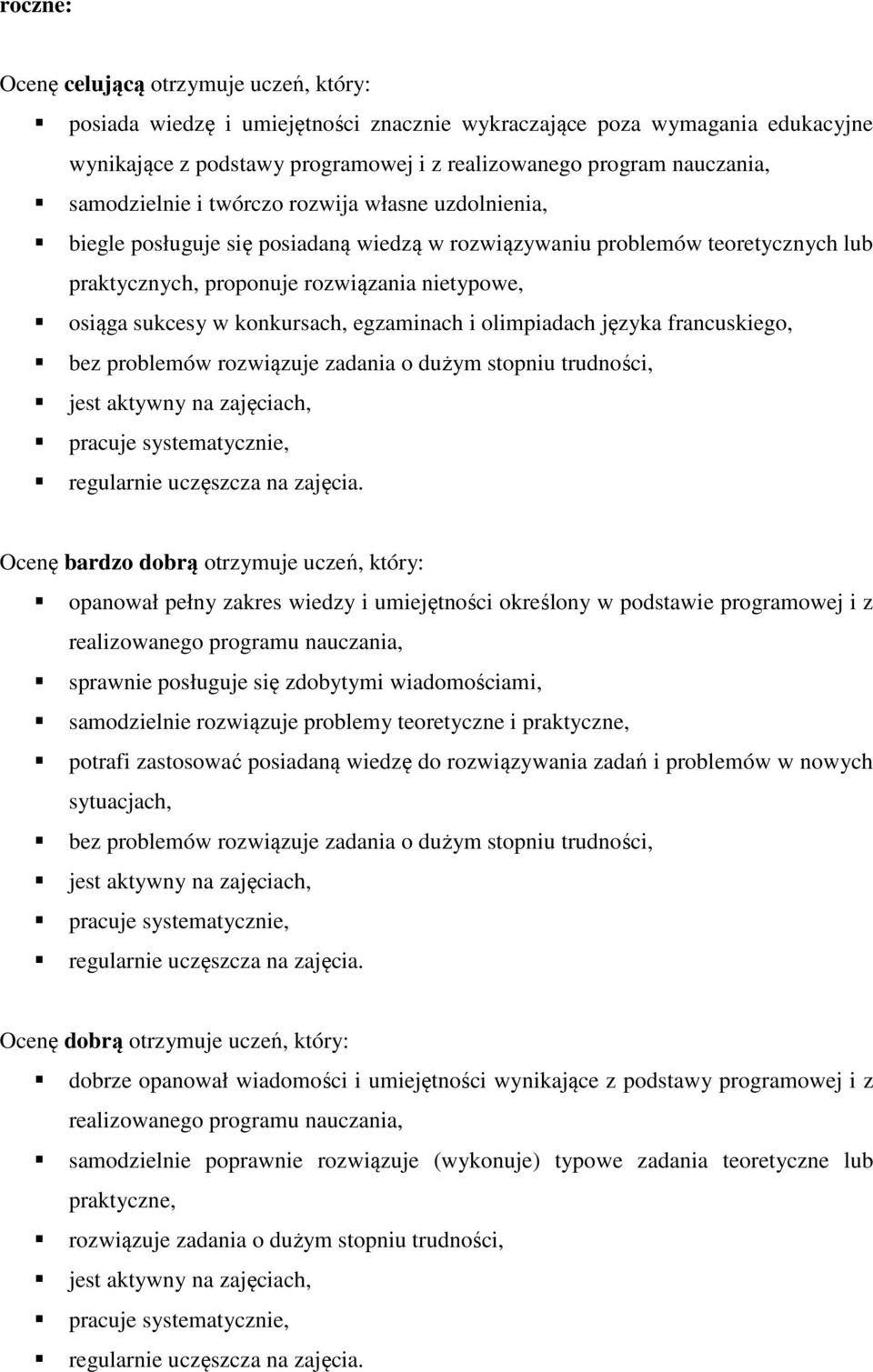 konkursach, egzaminach i olimpiadach języka francuskiego, bez problemów rozwiązuje zadania o dużym stopniu trudności, jest aktywny na zajęciach, pracuje systematycznie, regularnie uczęszcza na