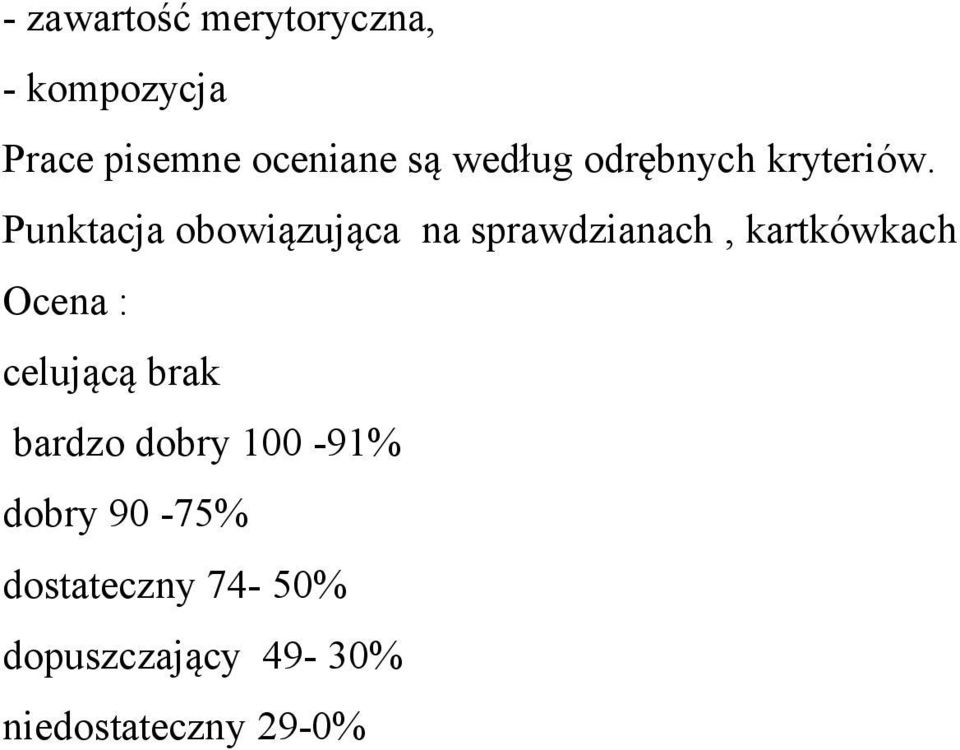 Punktacja obowiązująca na sprawdzianach, kartkówkach Ocena :