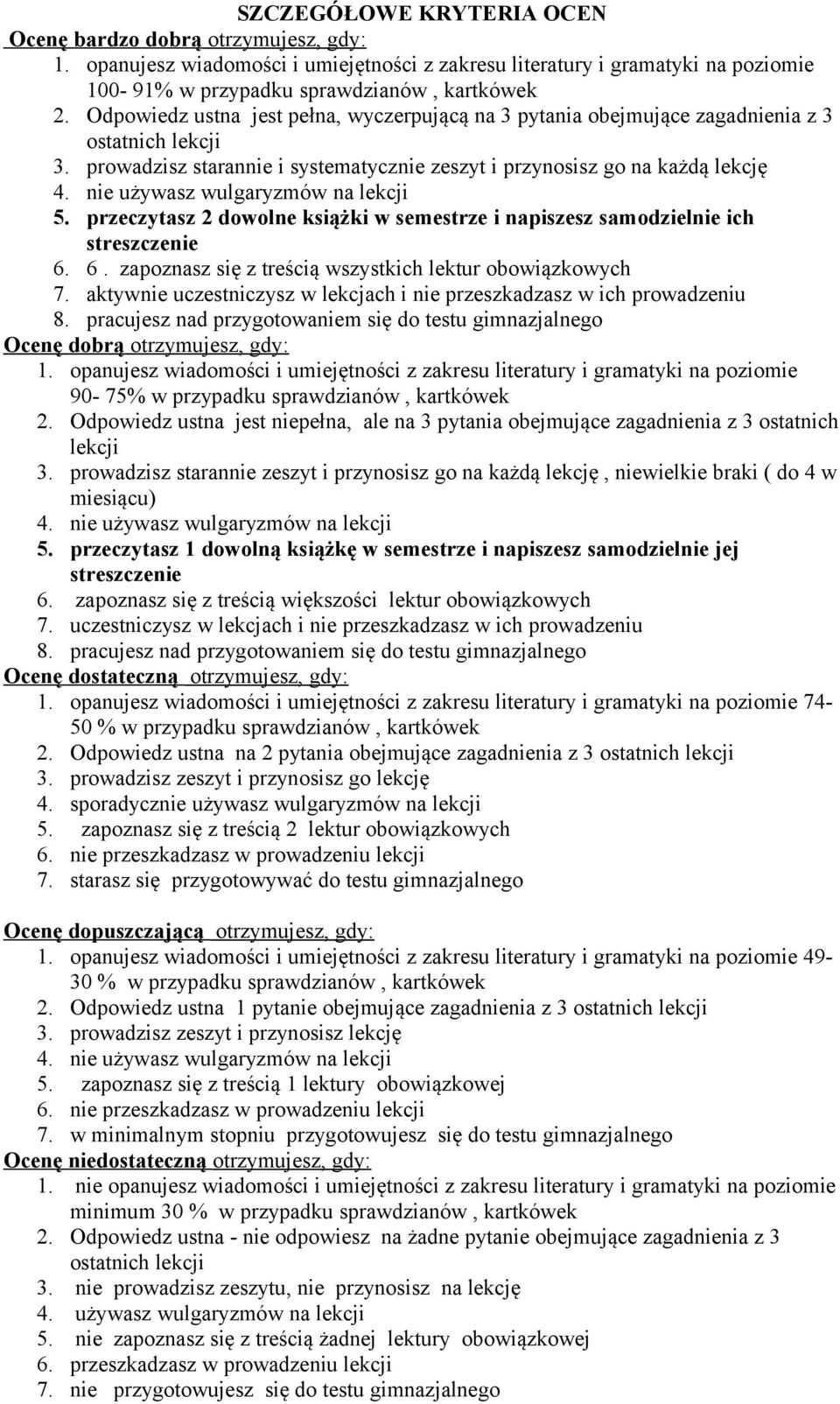 nie używasz wulgaryzmów na lekcji 5. przeczytasz 2 dowolne książki w semestrze i napiszesz samodzielnie ich streszczenie 6. 6. zapoznasz się z treścią wszystkich lektur obowiązkowych 7.