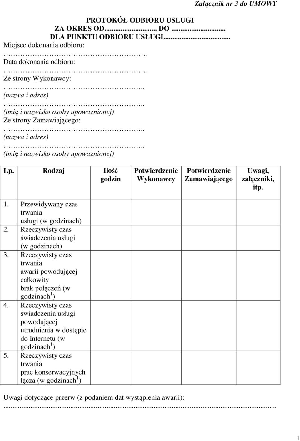 upoważnionej) Załącznik nr 3 do UMOWY Lp. Rodzaj Ilość godzin Potwierdzenie Wykonawcy Potwierdzenie Zamawiającego Uwagi, załączniki, itp. 1. Przewidywany czas trwania usługi (w godzinach) 2.