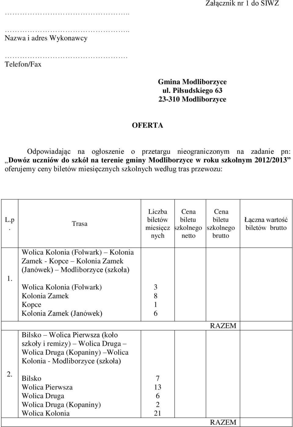 oferujemy ceny biletów miesięcznych szkolnych według tras przewozu: L.p. Trasa Liczba biletów miesięcz nych Cena biletu szkolnego netto Cena biletu szkolnego brutto Łączna wartość biletów brutto 1.