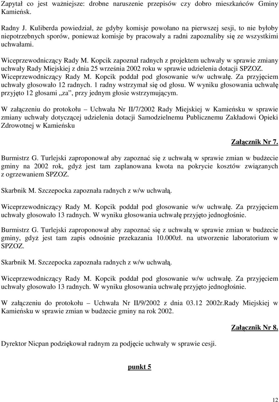 Wiceprzewodniczący Rady M. Kopcik zapoznał radnych z projektem uchwały w sprawie zmiany uchwały Rady Miejskiej z dnia 25 września 2002 roku w sprawie udzielenia dotacji SPZOZ.