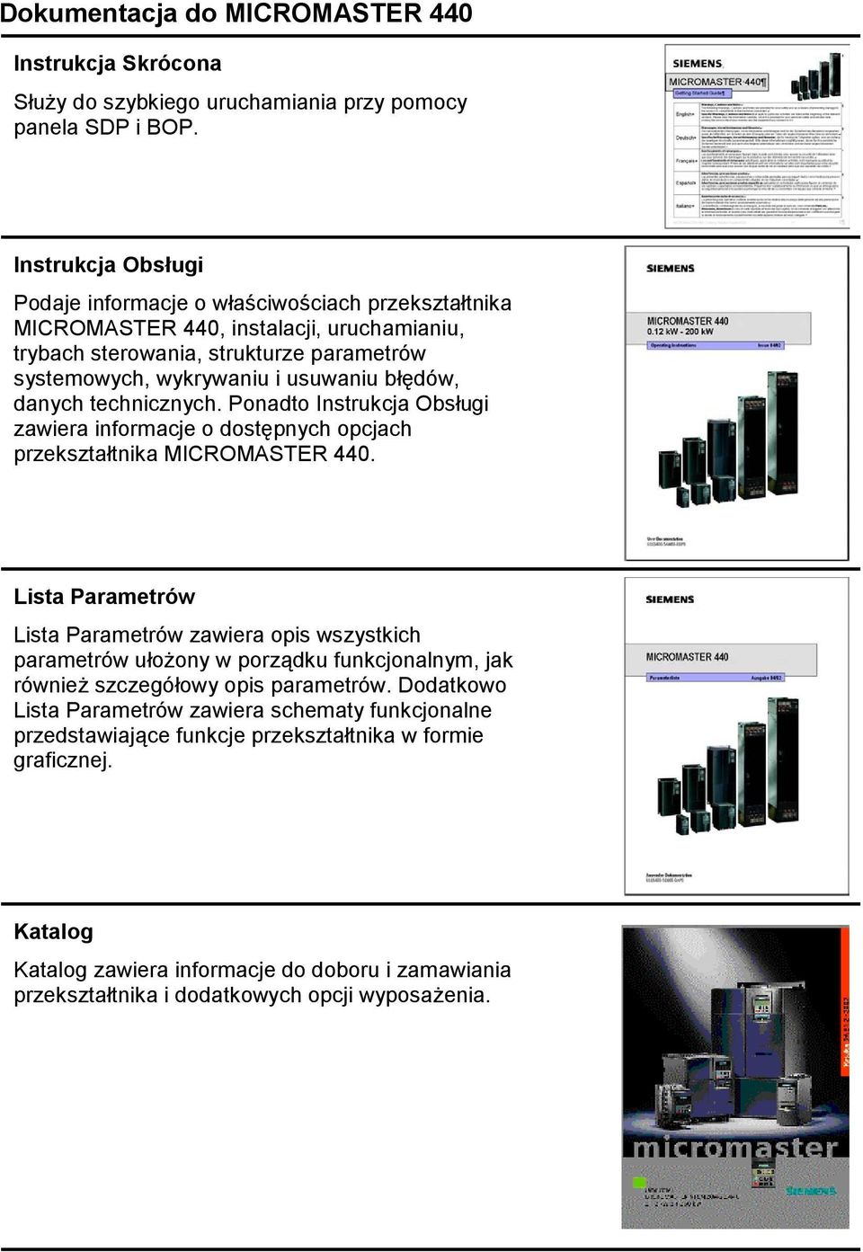 danych technicznych. Ponadto Instrukcja Obsługi zawiera informacje o dostępnych opcjach przekształtnika MICROMASTER 440.