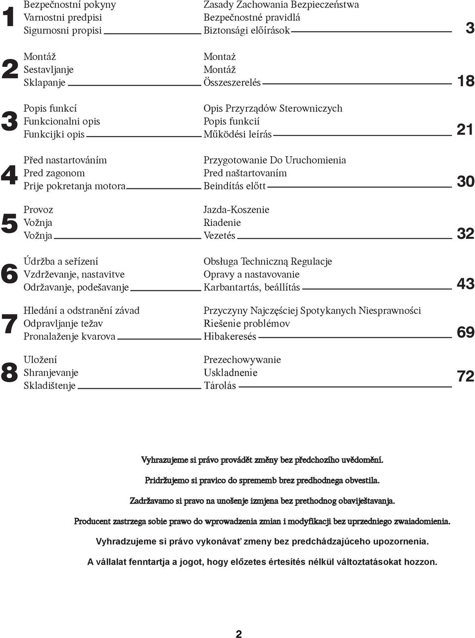 Uruchomienia Pred naštartovaním Beindítás előtt 30 5 Provoz Vožnja Vožnja Jazda-Koszenie Riadenie Vezetés 32 6 Údržba a seøízení Vzdrževanje, nastavitve Održavanje, podešavanje Obs³uga Techniczn¹