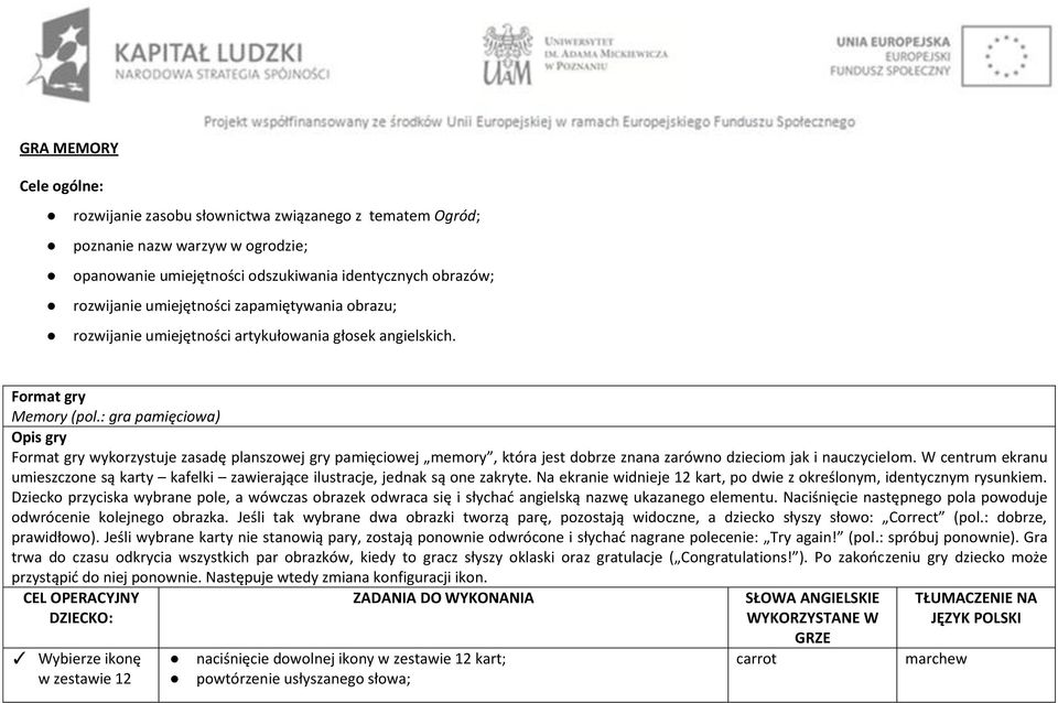 : gra pamięciowa) Opis gry Format gry wykorzystuje zasadę planszowej gry pamięciowej memory, która jest dobrze znana zarówno dzieciom jak i nauczycielom.