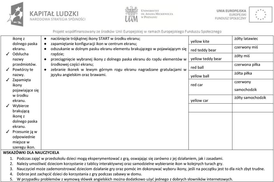 naciśnięcie trójkątnej ikony START w środku ekranu; zapamiętanie konfiguracji ikon w centrum ekranu; odszukanie w dolnym pasku ekranu elementu brakującego w pojawiającym się rzędzie; przeciągnięcie