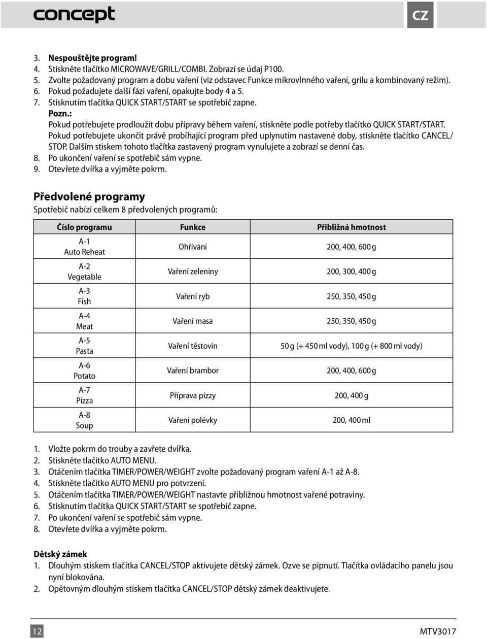 Předvolené programy Číslo programu Funkce Přibližná hmotnost A-1 200, 400, 600 g A-2 Vegetable Vaření zeleniny 200, 300, 400 g A-3 Fish Vaření ryb 250, 350, 450 g A-4 Meat Vaření masa 250,