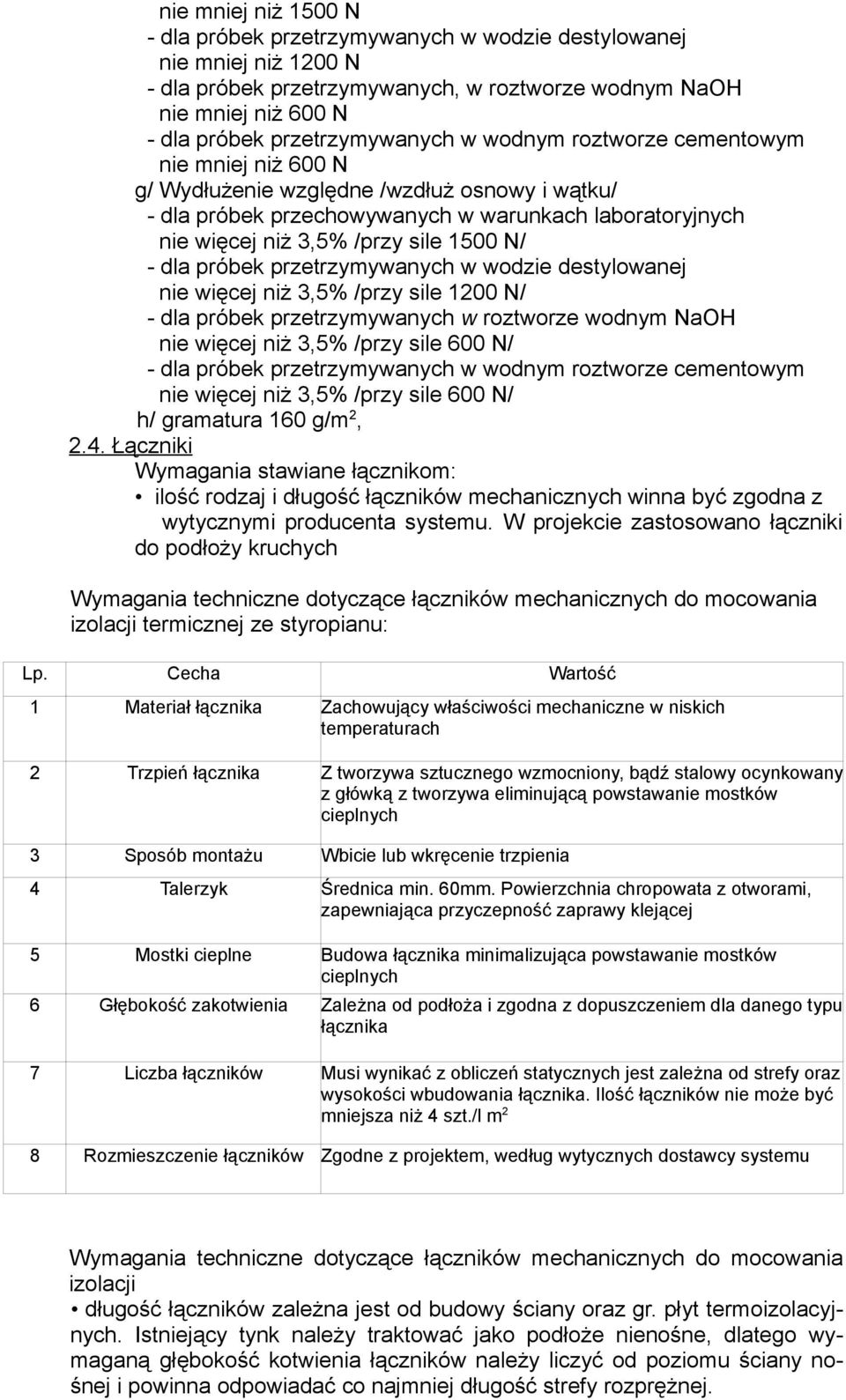 próbek przetrzymywanych w wodzie destylowanej nie więcej niż 3,5% /przy sile 1200 N/ - dla próbek przetrzymywanych w roztworze wodnym NaOH nie więcej niż 3,5% /przy sile 600 N/ - dla próbek