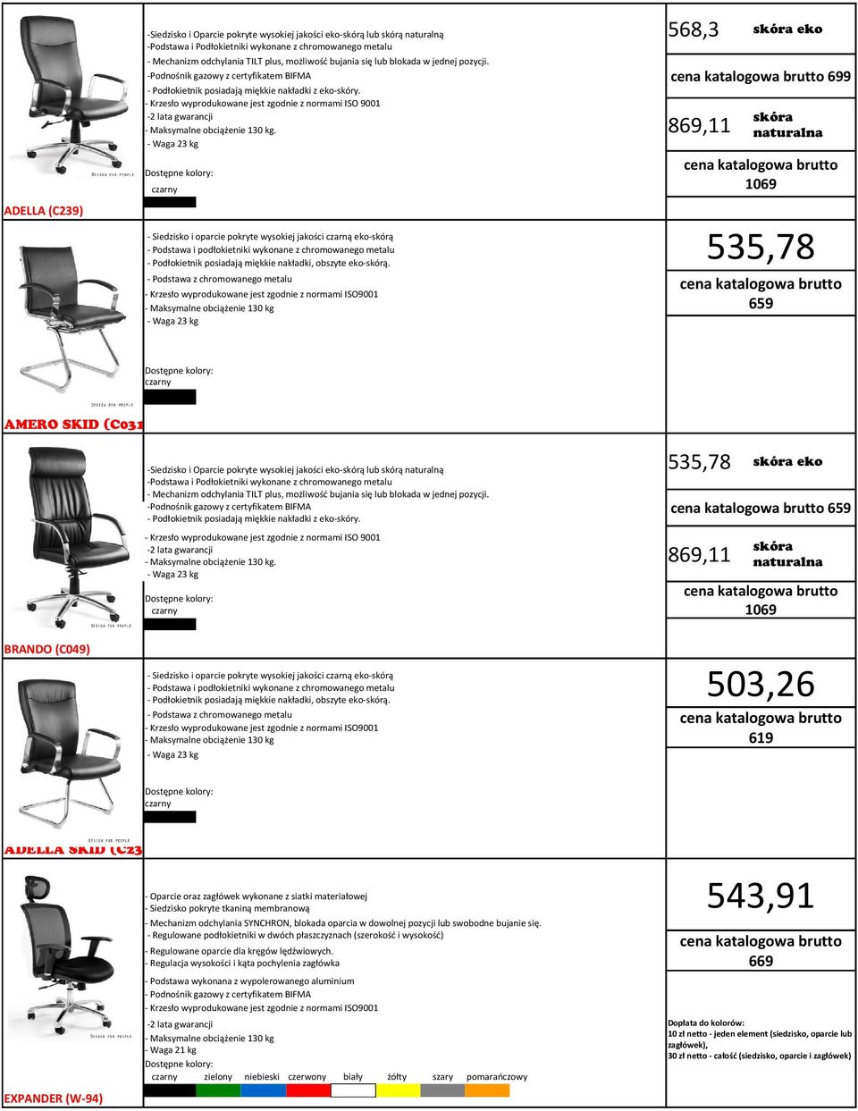 . 568,3 skóra eko 699 869,11 skóra naturalna 1069 ADELLA (C239) 535,78 - Siedzisko i oparcie pokryte wysokiej jakości czarną eko-skórą - Podstawa i podłokietniki wykonane z chromowanego metalu -