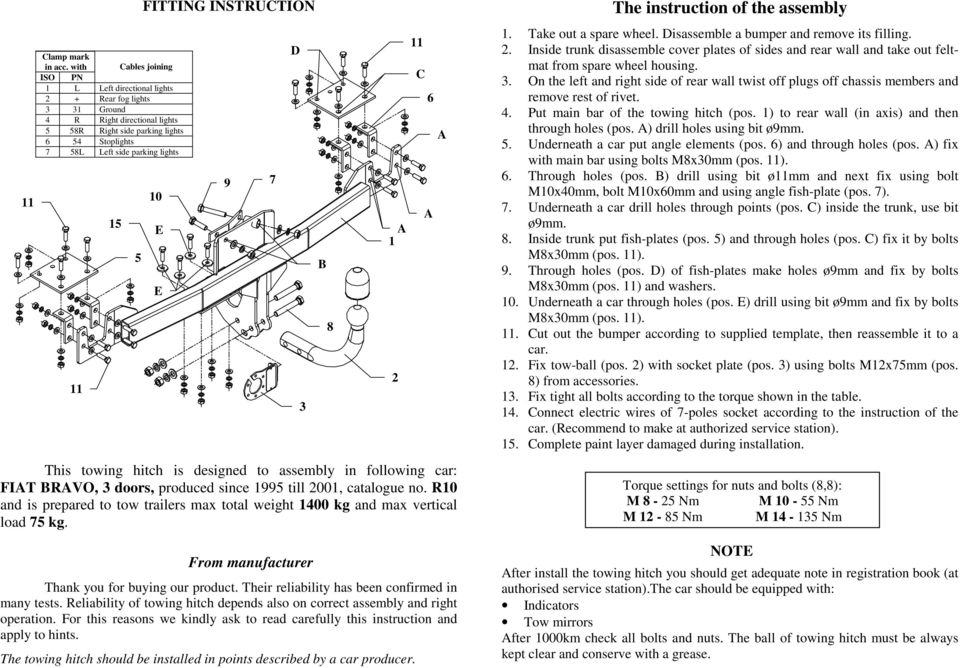 FITTING INSTRUCTION 10 9 15 1 5 B This towing hitch is designed to assembly in following car: FIT BRVO, 3 doors, produced since 1995 till 2001, catalogue no.