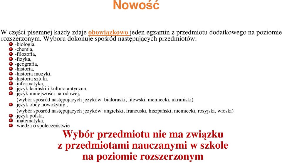 łaciński i kultura antyczna, -język mniejszości narodowej, (wybór spośród następujących języków: białoruski, litewski, niemiecki, ukraiński) -język obcy nowożytny, (wybór