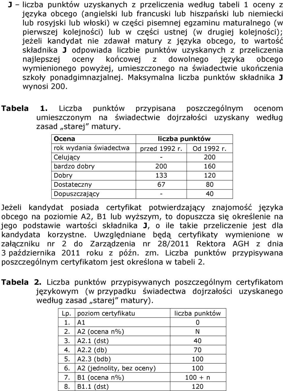 najlepszej oceny końcowej z dowolnego języka obcego wymienionego powyżej, umieszczonego na świadectwie ukończenia szkoły ponadgimnazjalnej. Maksymalna liczba punktów składnika J wynosi 200. Tabela 1.