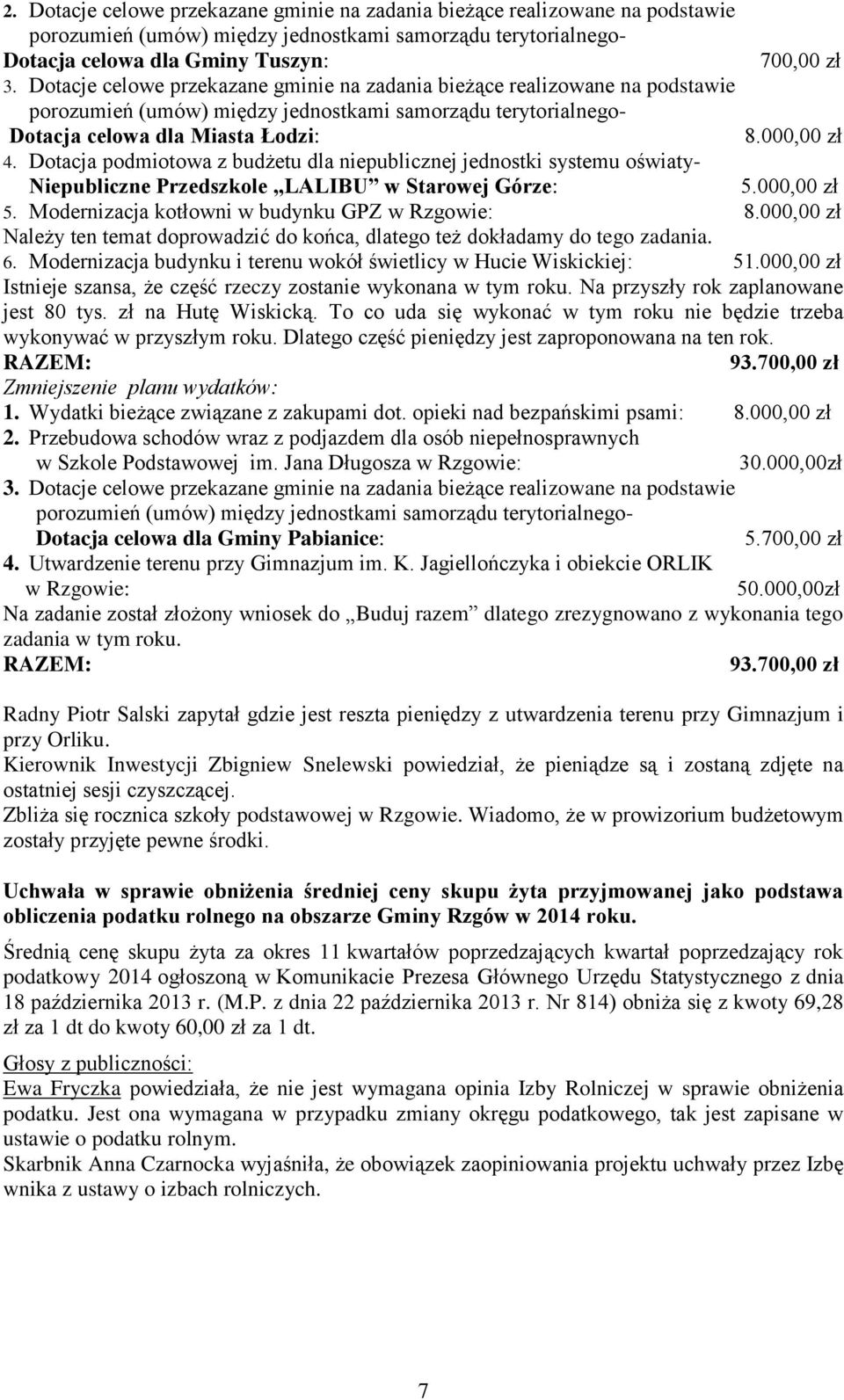 Dotacja podmiotowa z budżetu dla niepublicznej jednostki systemu oświaty- Niepubliczne Przedszkole LALIBU w Starowej Górze: 5.000,00 zł 5. Modernizacja kotłowni w budynku GPZ w Rzgowie: 8.