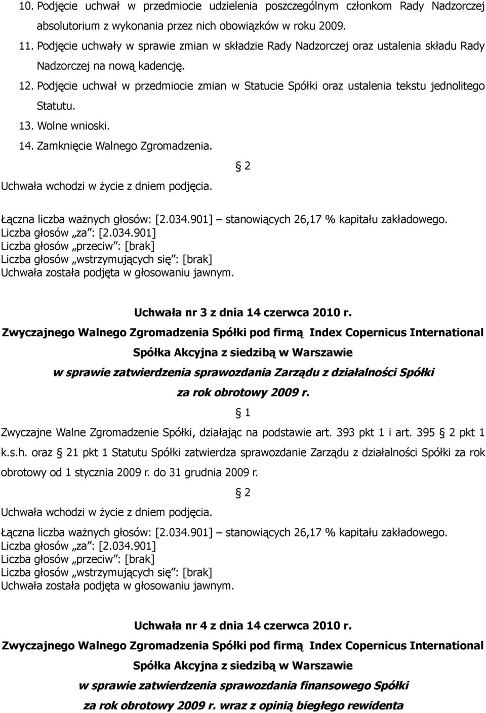 Podjęcie uchwał w przedmiocie zmian w Statucie Spółki oraz ustalenia tekstu jednolitego Statutu. 13. Wolne wnioski. 14. Zamknięcie Walnego Zgromadzenia. Uchwała została podjęta w głosowaniu jawnym.