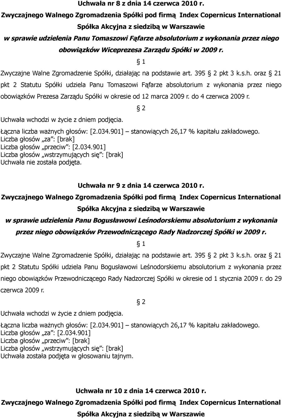 oraz 1 pkt 2 Statutu Spółki udziela Panu Tomaszowi Fąfarze absolutorium z wykonania przez niego obowiązków Prezesa Zarządu Spółki w okresie od 12 marca 2009 r. do 4 czerwca 2009 r.