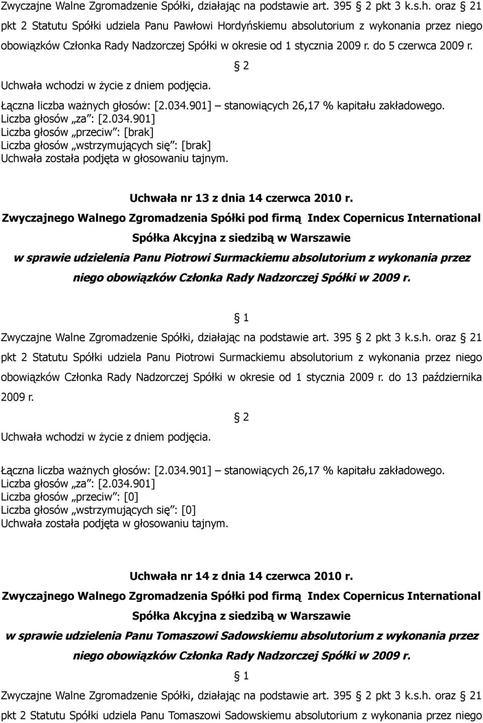 Uchwała nr 13 z dnia 14 czerwca 2010 r. w sprawie udzielenia Panu Piotrowi Surmackiemu absolutorium z wykonania przez niego obowiązków Członka Rady Nadzorczej Spółki w 2009 r.