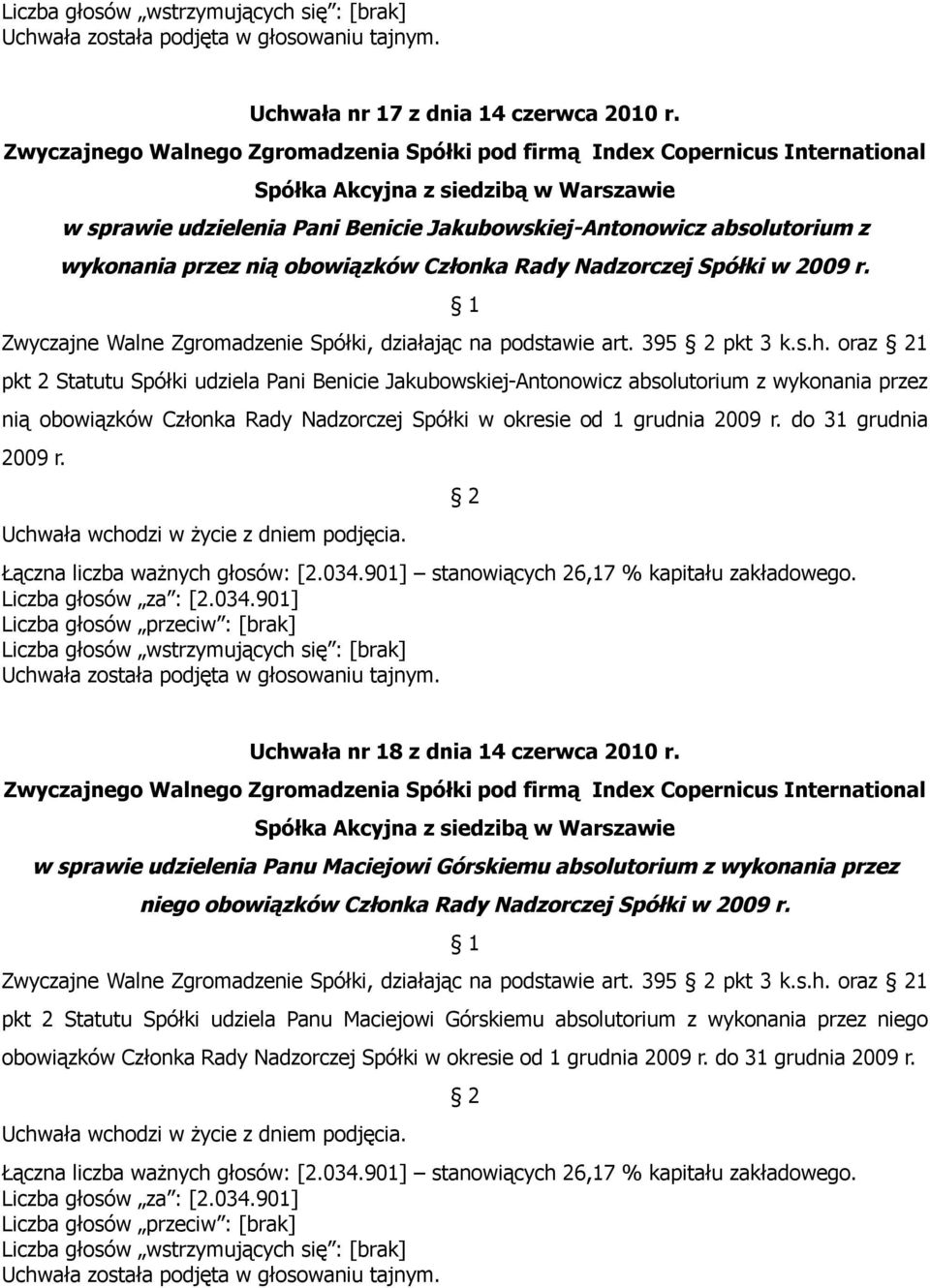 oraz 1 pkt 2 Statutu Spółki udziela Pani Benicie Jakubowskiej-Antonowicz absolutorium z wykonania przez nią obowiązków Członka Rady Nadzorczej Spółki w okresie od 1 grudnia 2009 r.