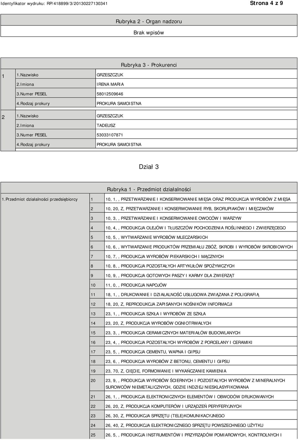 Przedmiot działalności przedsiębiorcy 1 10, 1,, PRZETWARZA I KONSERWOWA MIĘSA ORAZ PRODUKCJA WYROBÓW Z MIĘSA 2 10, 20, Z, PRZETWARZA I KONSERWOWA RYB, SKORUPIAKÓW I MIĘCZAKÓW 3 10, 3,, PRZETWARZA I