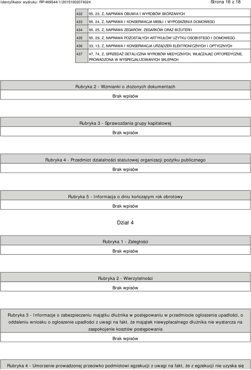 WŁĄCZAJĄC ORTOPEDYCZNE, PROWADZONA W Rubryka 2 - Wzmianki o złożonych dokumentach Rubryka 3 - Sprawozdania grupy kapitałowej Rubryka 4 - Przedmiot działalności statutowej organizacji pożytku