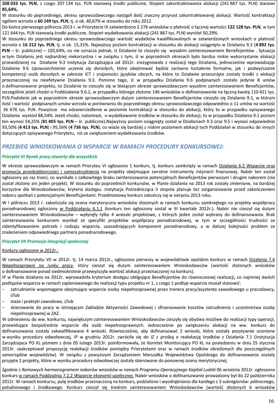 40,67% w stosunku do roku 2012. Do końca pierwszego półrocza 2013 r. w Priorytecie IX zatwierdzono 2 276 wniosków o płatność o łącznej wartości 122 128 tys. PLN, w tym 121 644 tys.