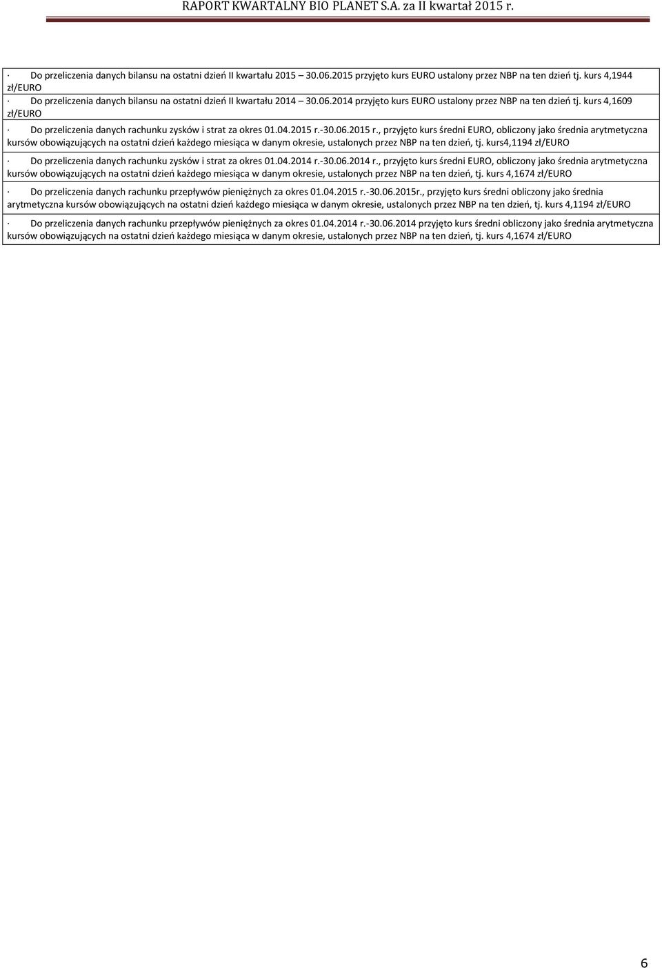 kurs 4,1609 zł/euro Do przeliczenia danych rachunku zysków i strat za okres 01.04.2015 r.