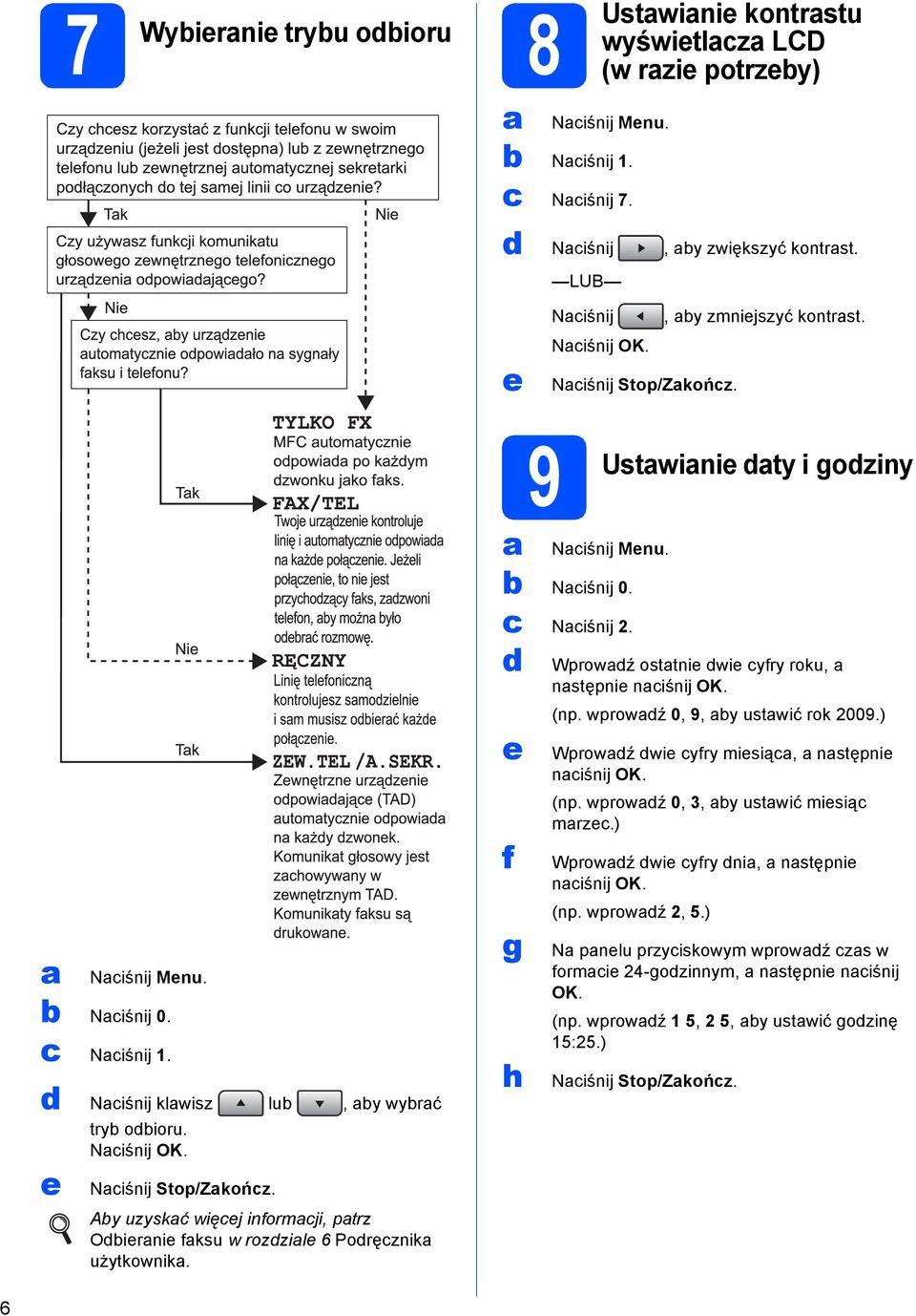 Ay uzyskć więcej informcji, ptrz Odiernie fksu w rozdzile 6 Podręcznik użytkownik. 9 Ustwinie Nciśnij 0. c Nciśnij 2. d e f g h dty i godziny Nciśnij Menu.