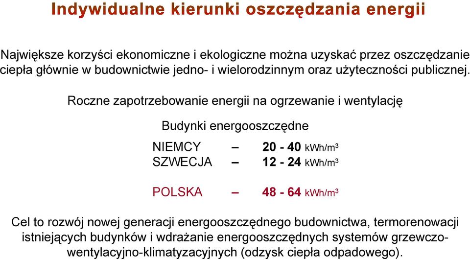 Roczne zapotrzebowanie energii na ogrzewanie i wentylację Budynki energooszczędne NIEMCY 20-40 kwh/m 3 SZWECJA 12-24 kwh/m 3