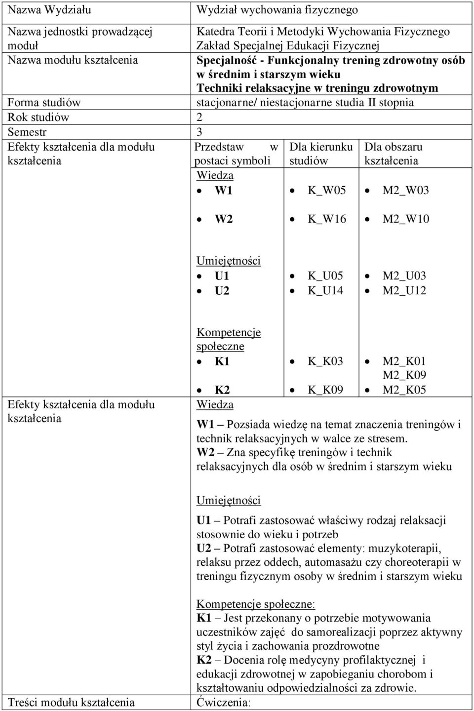 dla modułu Przedstaw w Dla kierunku Dla obszaru postaci symboli studiów Wiedza W1 K_W05 M2_W03 W2 K_W16 M2_W10 Umiejętności U1 U2 K_U05 K_U14 M2_U03 M2_U12 Efekty dla modułu Kompetencje społeczne K1