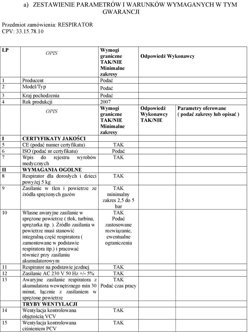 numer certyfikatu) 6 ISO (podać nr certyfikatu) Podać 7 Wpis do rejestru wyrobów medycznych II WYMAGANIA OGOLNE 8 Respirator dla dorosłych i dzieci powyżej 5 kg 9 Zasilanie w tlen i powietrze ze