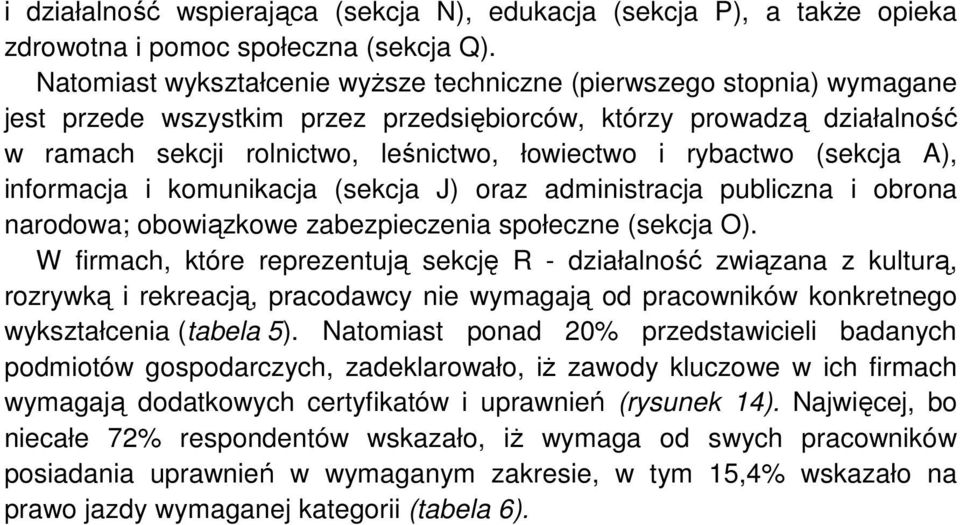 rybactwo (sekcja A), informacja i komunikacja (sekcja J) oraz administracja publiczna i obrona narodowa; obowiązkowe zabezpieczenia społeczne (sekcja O).