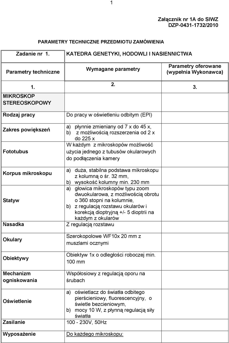 Do pracy w oświetleniu odbitym (EPI) a) płynnie zmieniany od 7 x do 45 x, b) z moŝliwością rozszerzenia od 2 x do 225 x W kaŝdym z mikroskopów moŝliwość uŝycia jednego z tubusów okularowych do