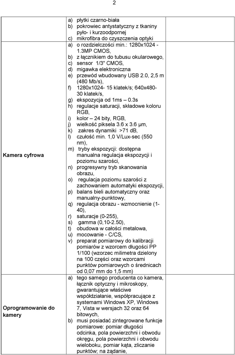 0, 2,5 m (480 Mb/s), f) 1280x1024-15 klatek/s; 640x480-30 klatek/s, g) ekspozycja od 1ms 0.3s h) regulacje saturacji, składowe koloru RGB, i) kolor 24 bity, RGB, j) wielkość piksela 3.6 x 3.