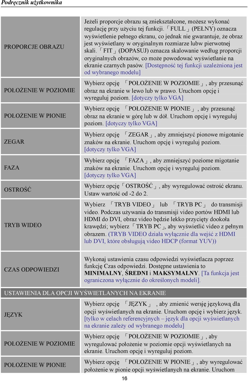 FIT (DOPASUJ) oznacza skalowanie według proporcji oryginalnych obrazów, co może powodować wyświetlanie na ekranie czarnych pasów.