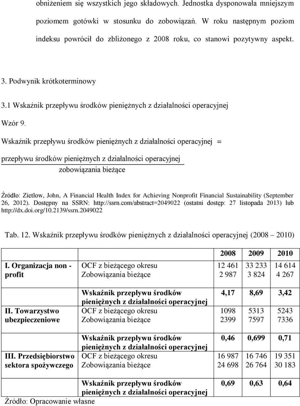 Wskaźnik przepływu środków pieniężnych z działalności operacyjnej = przepływu środków pieniężnych z działalności operacyjnej zobowiązania bieżące 26, 212). Dostępny na SSRN: http://ssrn.