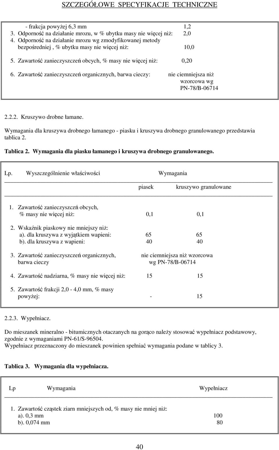 Wymagania dla kruszywa drobnego łamanego - piasku i kruszywa drobnego granulowanego przedstawia tablica 2. Tablica 2. Wymagania dla piasku łamanego i kruszywa drobnego granulowanego. Lp.