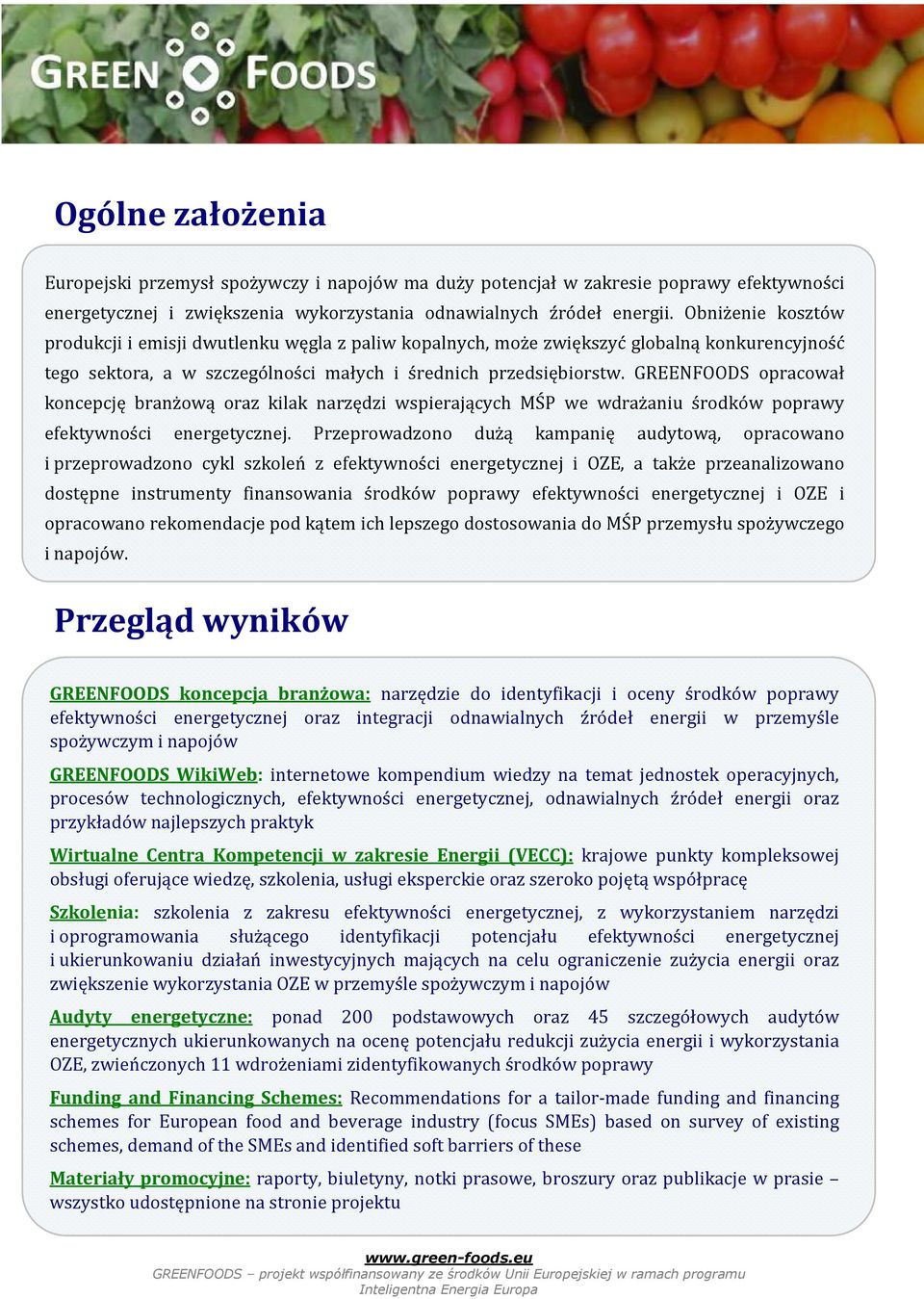 GREENFOODS opracował koncepcję branżową oraz kilak narzędzi wspierających MŚP we wdrażaniu środków poprawy efektywności energetycznej.