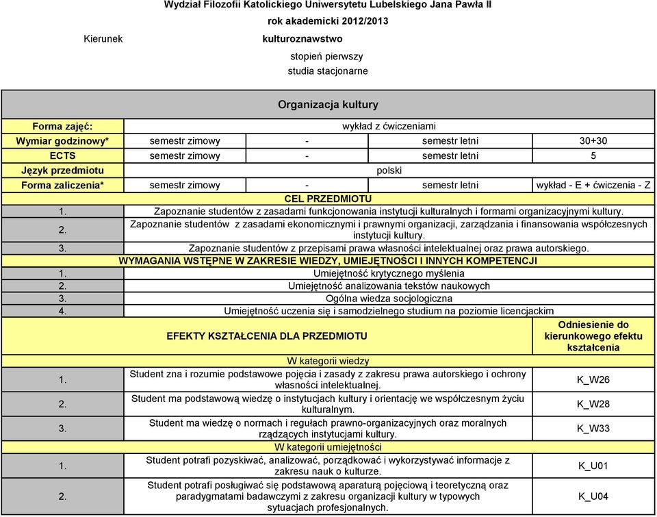 CEL PRZEDMIOTU Zapoznanie studentów z zasadami funkcjonowania instytucji kulturalnych i formami organizacyjnymi kultury.