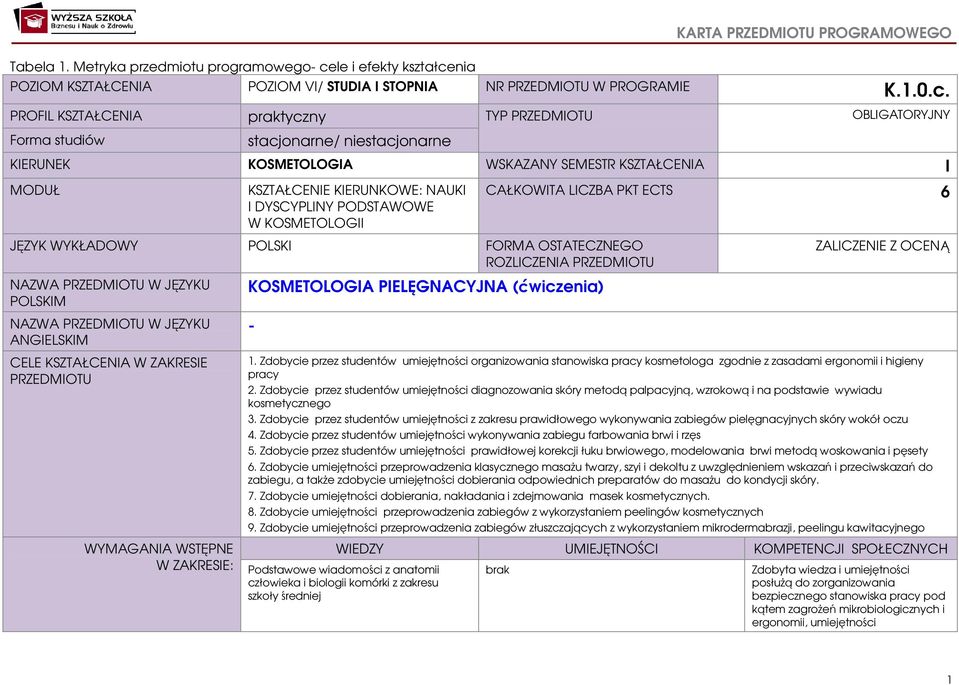 nia POZIOM KSZTAŁCENIA POZIOM VI/ STUDIA I STOPNIA NR PRZEDMIOTU W PROGRAMIE K.1.0.c.