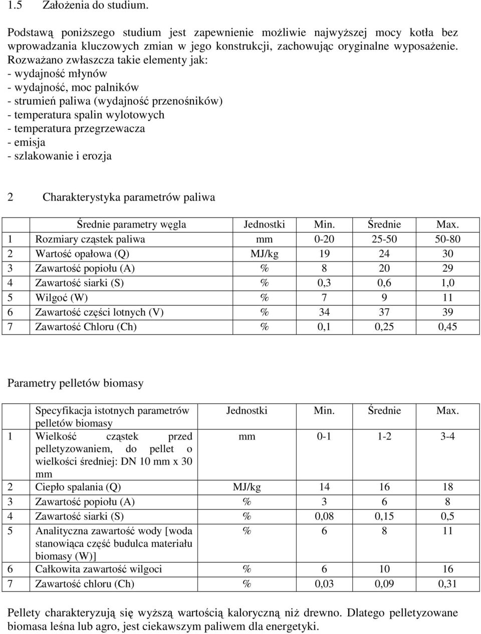 szlakowanie i erozja 2 Charakterystyka parametrów paliwa Średnie parametry węgla Jednostki Min. Średnie Max.