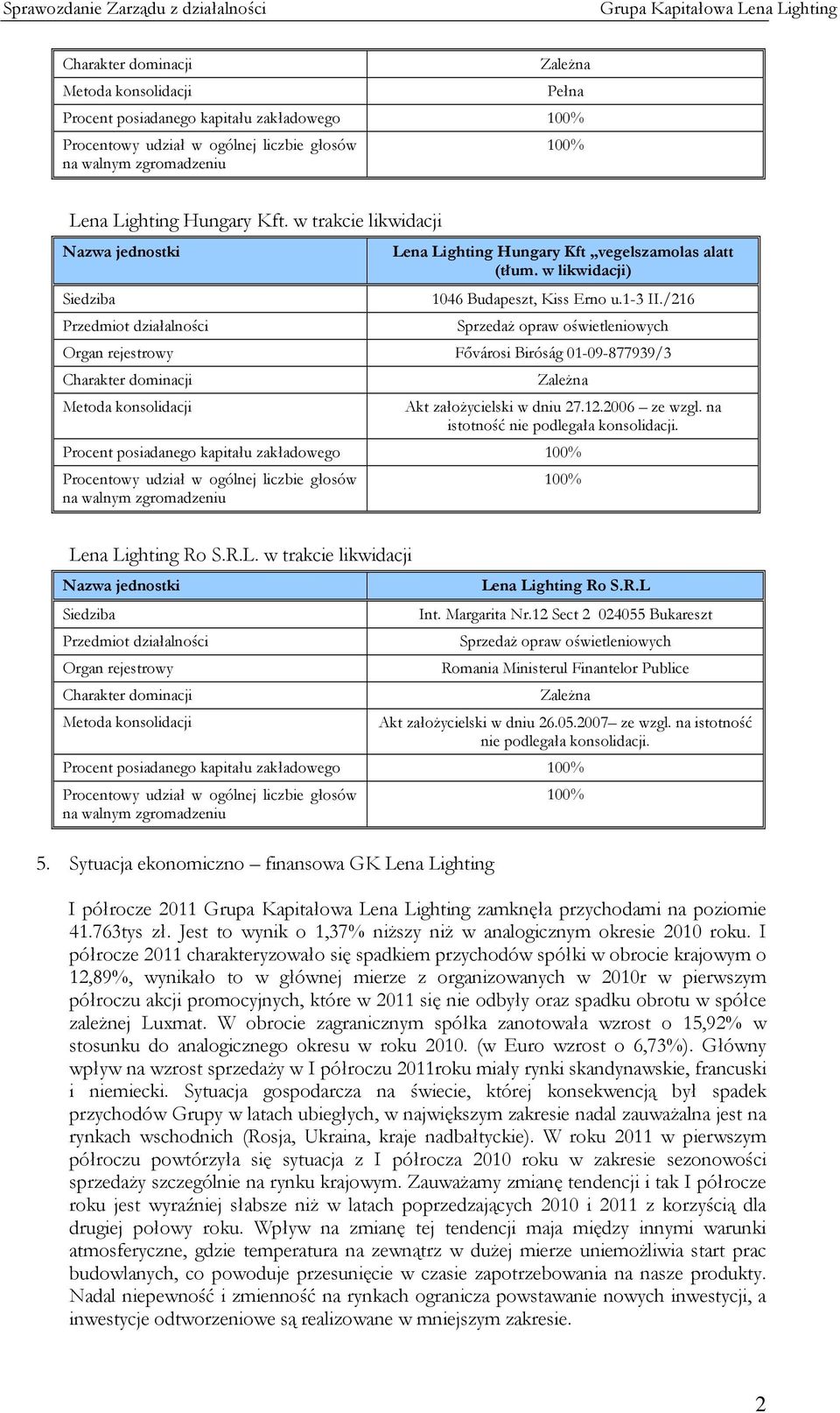 /216 Sprzedaż opraw oświetleniowych Organ rejestrowy Fővárosi Biróság 01-09-877939/3 Charakter dominacji Metoda konsolidacji Zależna Akt założycielski w dniu 27.12.2006 ze wzgl.