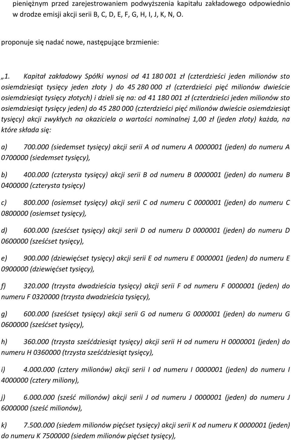 złotych) i dzieli się na: od 41 180 001 zł (czterdzieści jeden milionów sto osiemdziesiąt tysięcy jeden) do 45 280 000 (czterdzieści pięć milionów dwieście osiemdziesiąt tysięcy) akcji zwykłych na