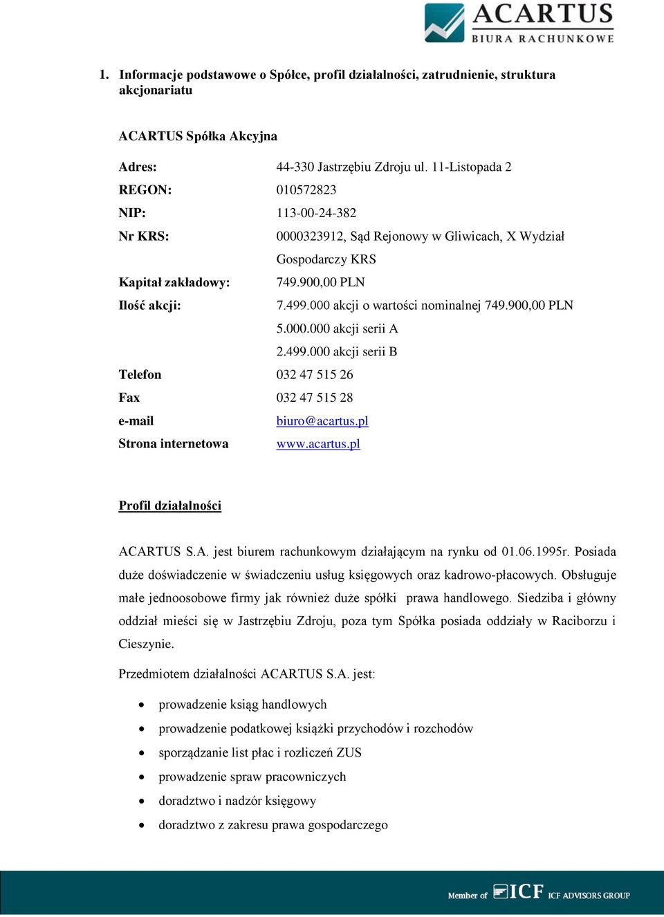 000 akcji o wartości nominalnej 749.900,00 PLN 5.000.000 akcji serii A 2.499.000 akcji serii B Telefon 032 47 515 26 Fax 032 47 515 28 e-mail biuro@acartus.pl Strona internetowa www.acartus.pl Profil działalności ACARTUS S.