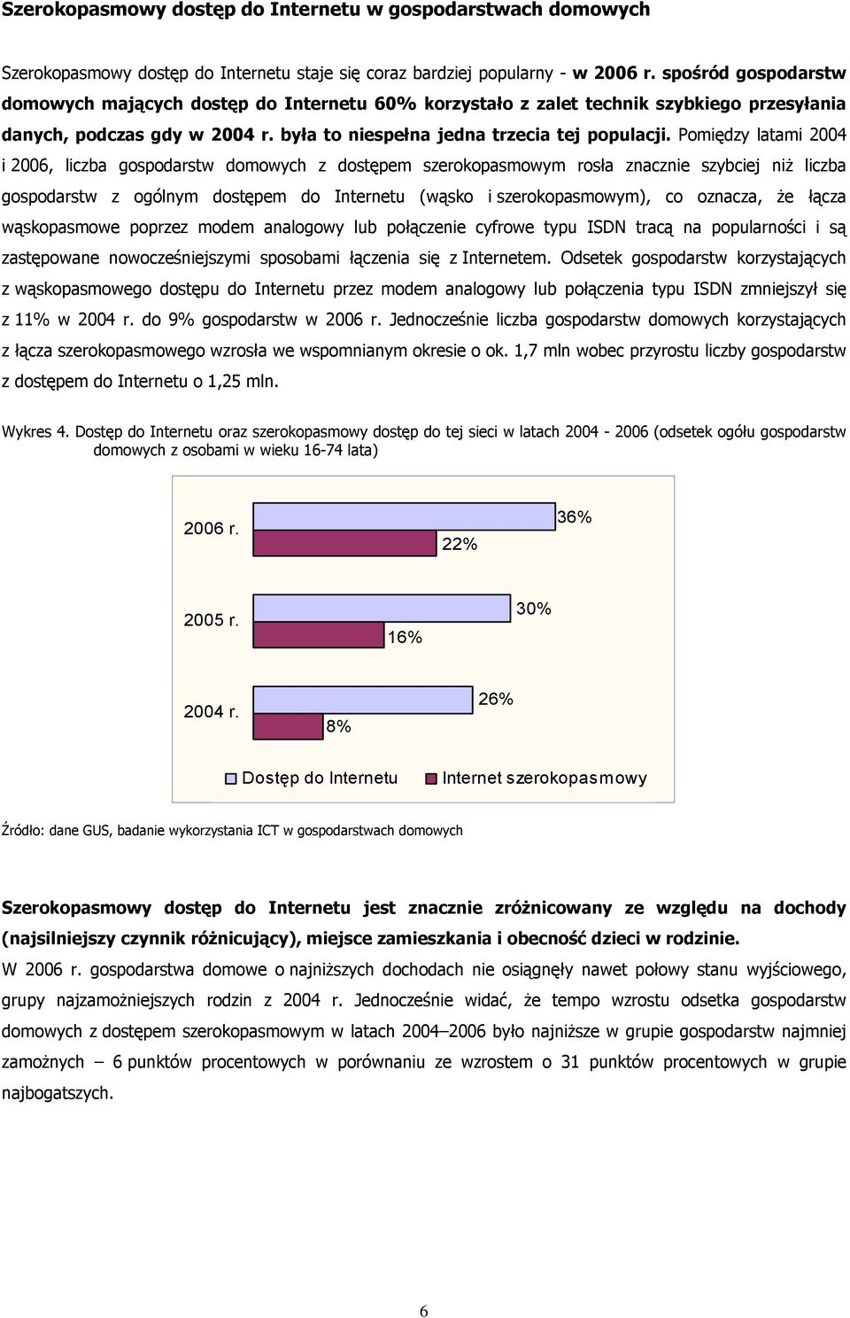 Pomiędzy latami 2004 i 2006, liczba gospodarstw domowych z dostępem szerokopasmowym rosła znacznie szybciej niż liczba gospodarstw z ogólnym dostępem do Internetu (wąsko i szerokopasmowym), co