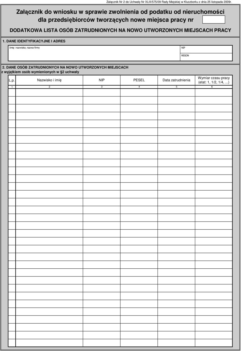 OSÓB ZATRUDNIONYCH NA NOWO UTWORZONYCH MIEJSCACH PRACY. DANE IDENTYFIKACYJNE I ADRES Imię i nazwisko; nazwa firmy NIP REGON 2.