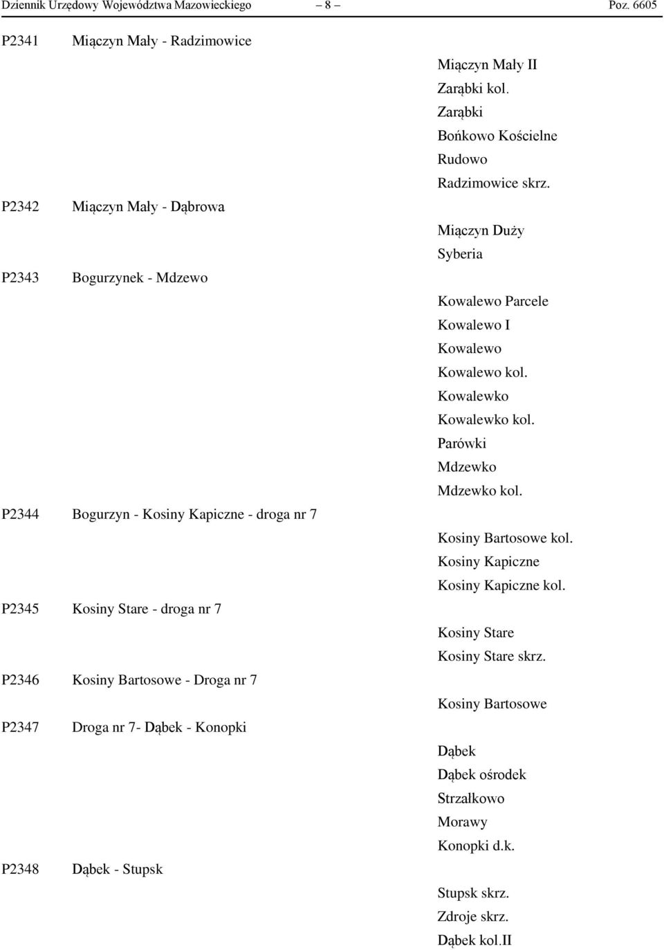 Kosiny Bartosowe - Droga nr 7 P2347 Droga nr 7- Dąbek - Konopki P2348 Dąbek - Stupsk Miączyn Mały II Zarąbki kol. Zarąbki Bońkowo Kościelne Rudowo Radzimowice skrz.