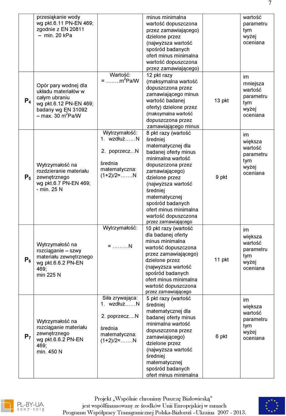 6.6.2 PN-EN 469; min. 450 N =..m 2 Pa/W Wytrzymałość: 1. wzdłuż N 2. poprzecz...n średnia matematyczna: (1+2)/2=.