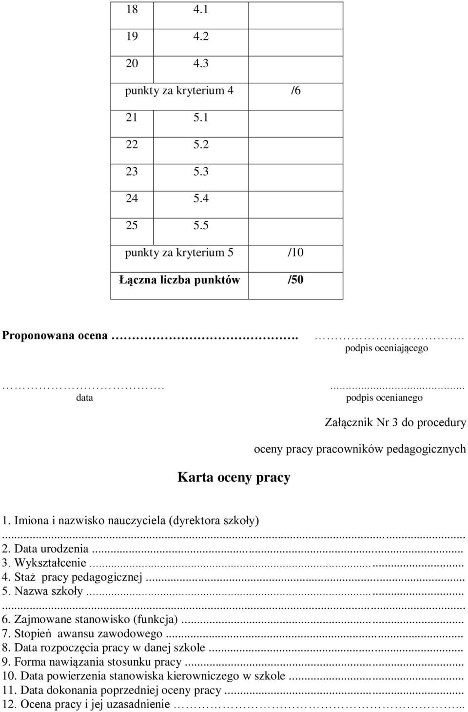 Data urodzenia... 3. Wykształcenie... 4. Staż pracy pedagogicznej... 5. Nazwa szkoły... 6. Zajmowane stanowisko (funkcja)... 7. Stopień awansu zawodowego... 8.