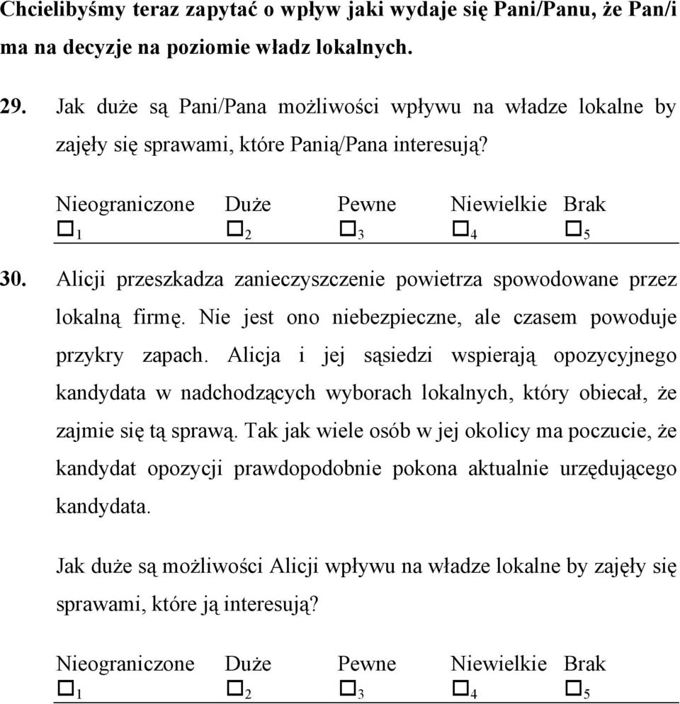 Alicji przeszkadza zanieczyszczenie powietrza spowodowane przez lokalną firmę. Nie jest ono niebezpieczne, ale czasem powoduje przykry zapach.